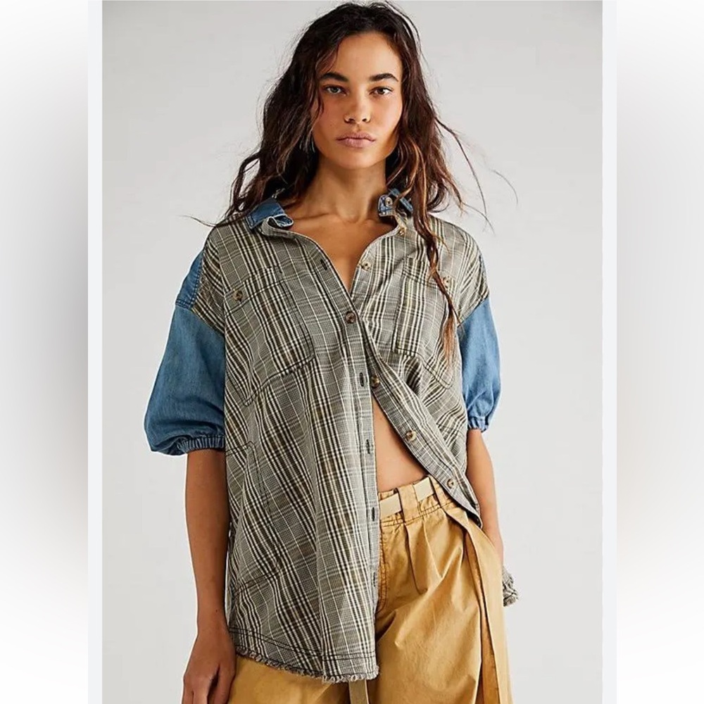 NWT Free People Runway Plaid and Denim Women's Top Size XS